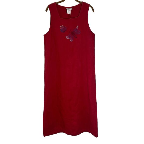 Vintage Studio Ease Dress Women's 8 Red Linen Butterfly Sleeveless Midi 90s Y2K - Picture 1 of 8